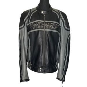 Harley-Davidson Men's Black Gray Leather Motorcycle Jacket RARE – Size L